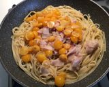 A picture of step 5 of Linguine with Swordfish, Yellow Grape Tomatoes, Eggplant, and Crispy Fried Eggplant Skin.