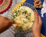 A picture of step 4 of Ram ladoo with mint coriander chutney.