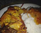 A picture of step 9 of Marinated chicken, served with coconut sauce n rice.