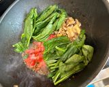 A picture of step 4 of Creamy Garlic Chicken Pasta with Tomato Spinach & Mushrooms.