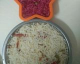 A picture of step 8 of Pink rice / multiple of colored veggies.