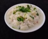 A picture of step 5 of Barnyard millet Farali Upma with cucumber raita.