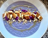 A picture of step 7 of Purple Cabbage Soup with Sheep’s Milk Ricotta and Kamut Bread Croutons.