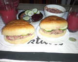 A picture of step 4 of Buns with ovacado,beetrootpaste n cucumber and fruit juice.
