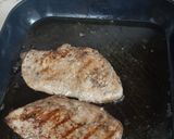 A picture of step 5 of Teragon steaks with garlic rice and vegs.