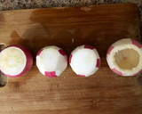A picture of step 1 of Savory steamed egg custard with shrimp in radish cup.