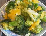 A picture of step 7 of Pan fried seabass fillets on a bed of citrus broccoli.