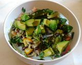 A picture of step 5 of Quinoa with black beans and avocado- topped with Avocado cashew dressing.