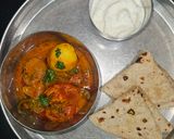 A picture of step 3 of Bharela Ringda Batata with soft roti(kathiyawadi sabzi).