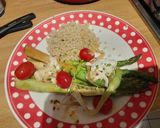 A picture of step 9 of Asparagus with burrata in the oven.