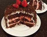 A picture of step 30 of Chocolate Layer Cake with Strawberry Cream Filling, White Chocolate Ganache Frosting coated with a Chocolate Crumble.
