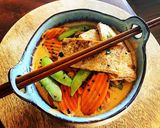 A picture of step 6 of Thai Red Curry Coconut with Pan Fried Tofu, Snap Peas & Carrots over Rice.