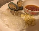 A picture of step 1 of Super Healthy Cellophane noodles with shrimps mussels pork fried vegetables.
