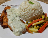 A picture of step 6 of Chicken steak with cheese sauce n veggies.