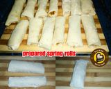 A picture of step 6 of Veg Spring Rolls with homemade sheets and sauce.