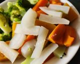Hình bước làm 3 của món Củ quả hấp chấm muối mè, đậu, điều