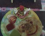 A picture of step 6 of Sprouts bhel with moonghphali and anar ke dane and Suzi ke veggies chila.