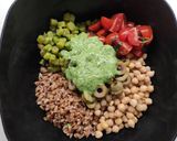 A picture of step 6 of Farro Salad with Chickpeas, Olives, and Walnut Basil Pesto.