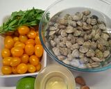 A picture of step 1 of Linguine with Clams (Lupini) and Yellow Cherry Tomatoes.