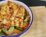 A picture of step 8 of One Pot Paneer Steak with sauted veg and beetroot curd.