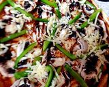A picture of step 3 of My BBQ Mushroom 2 Cheese Thin Crust Pizza. 😊.