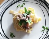 A picture of step 4 of Tagliatelle with Mushrooms, Sausage, and Cream.