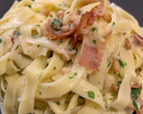 A picture of step 7 of Pasta with Bacon, Lemon and Pine Nuts.