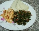 A picture of step 10 of Ugali, scrambled eggs & greens.