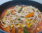 A picture of step 6 of Corn, Vegetables & Spagetti, Colourful Hotch Potch -- A Satiating One - Pot Meal Under 35 Minute.