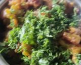 A picture of step 5 of Achari methi Puri with pethe ki sabzi and bathua raita.