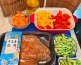 A picture of step 1 of Stir-Fried Chicken Breast with Bell Peppers and Green Beans.
