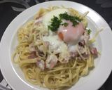 A picture of step 9 of Carbonara with the ingredients at home!.