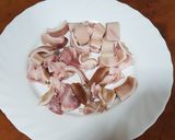 A picture of step 2 of Fabada with Chorizo, Blood Sausage, and Pork Ear in a Pressure Cooker.