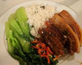 A picture of step 5 of Braised Chinese Pork Belly w Pak choi served with boiled rice.