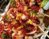 A picture of step 5 of BBQ, Sweet Chili, & Peach Bacon Wrapped Shrimp Kabobs.