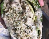 A picture of step 2 of Keto Friendly Avocado with tahini and hemp seed.