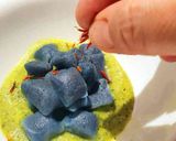 A picture of step 5 of Blue Gnocchi with Zucchini Pesto and Stracchino Cheese.