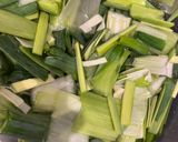 A picture of step 1 of Syrian style leek stew with ground meat.