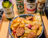 A picture of step 6 of Larry's (next lvl) sausage and cabbage.