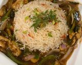 A picture of step 9 of Mongolian Chicken with vegetable rice.