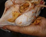 A picture of step 2 of Stuffed chicken with macaroni and onion rings.
