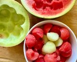 A picture of step 1 of Fruit salad with watermelon, melon, and strawberries.