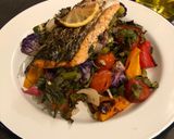 A picture of step 4 of Rainbow roast salmon and veg 🌈.