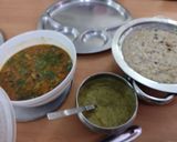 A picture of step 8 of South Indian Pongal, Brinjal sabji dhania chutney.