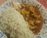 A picture of step 15 of Singaporean curry served with rice, spaghetti and mayo sauce😊.