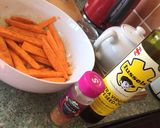 A picture of step 4 of Tomato & Mustard Sticky Chicken with Sweet Potato Fries & Veg.