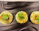 A picture of step 4 of Shakarkandi akhroth Shammi with khubani gel chutney.