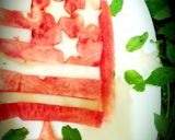 A picture of step 1 of Red yellow melon dessert in the shape of a flag.