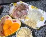 Hình bước làm 1 của món Mì Ý Carbonara - sốt kem và thịt heo hun khói Joselito