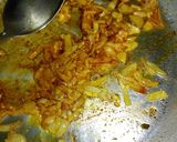 A picture of step 3 of Chips masala, wetfry beef with sausages.